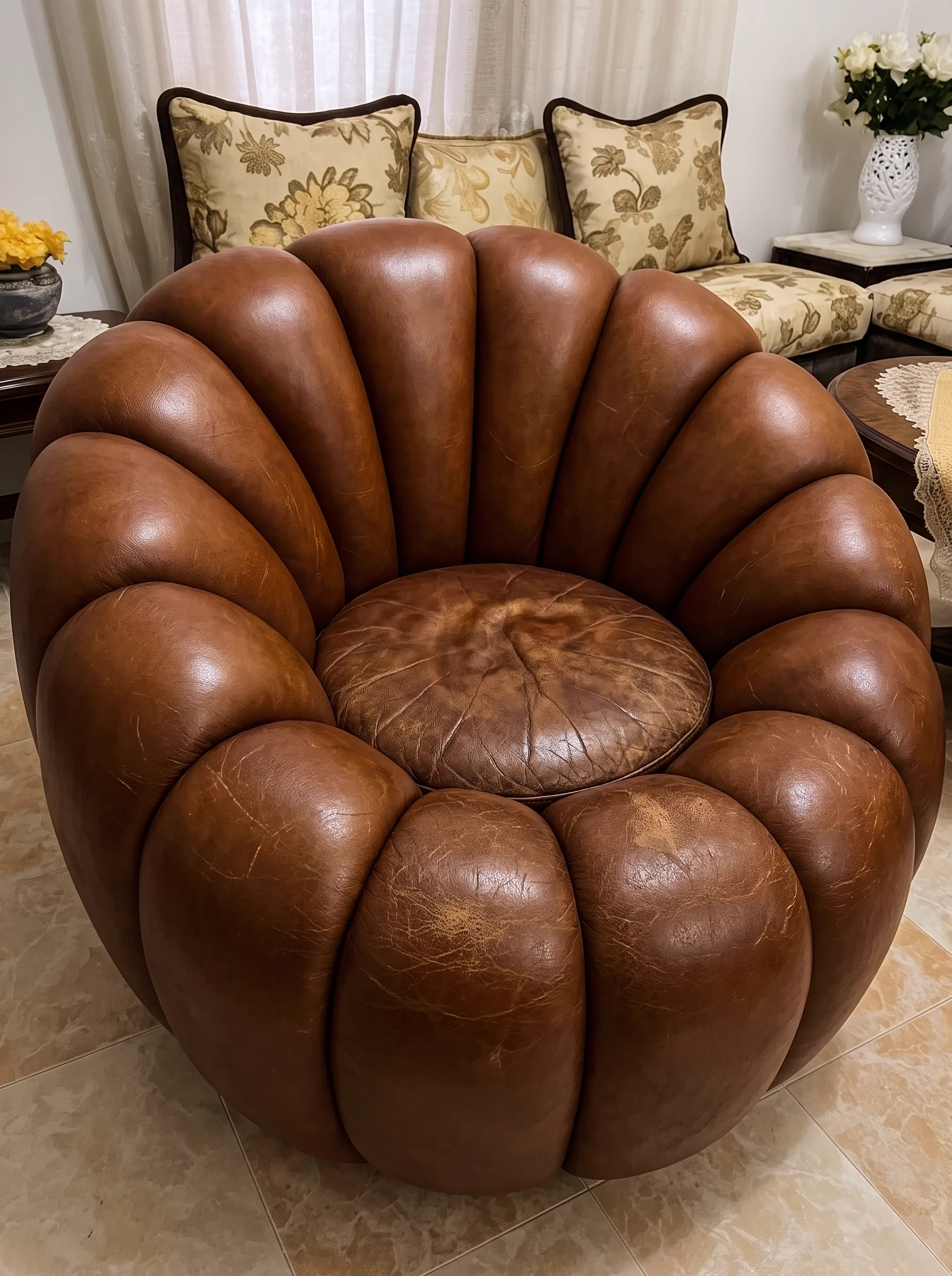 Worn, mottled brown leather sofa before restoration